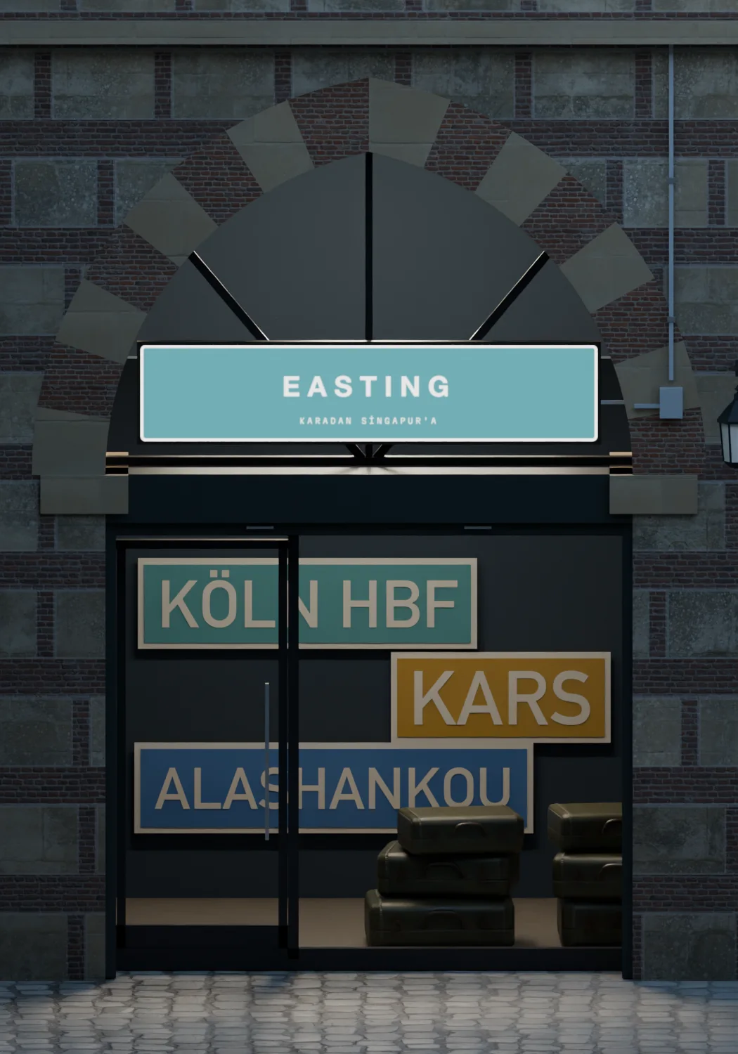 Inner han · EASTING: enamel station signs, Köln Hbf, Kars, Alashankou, and travel cases