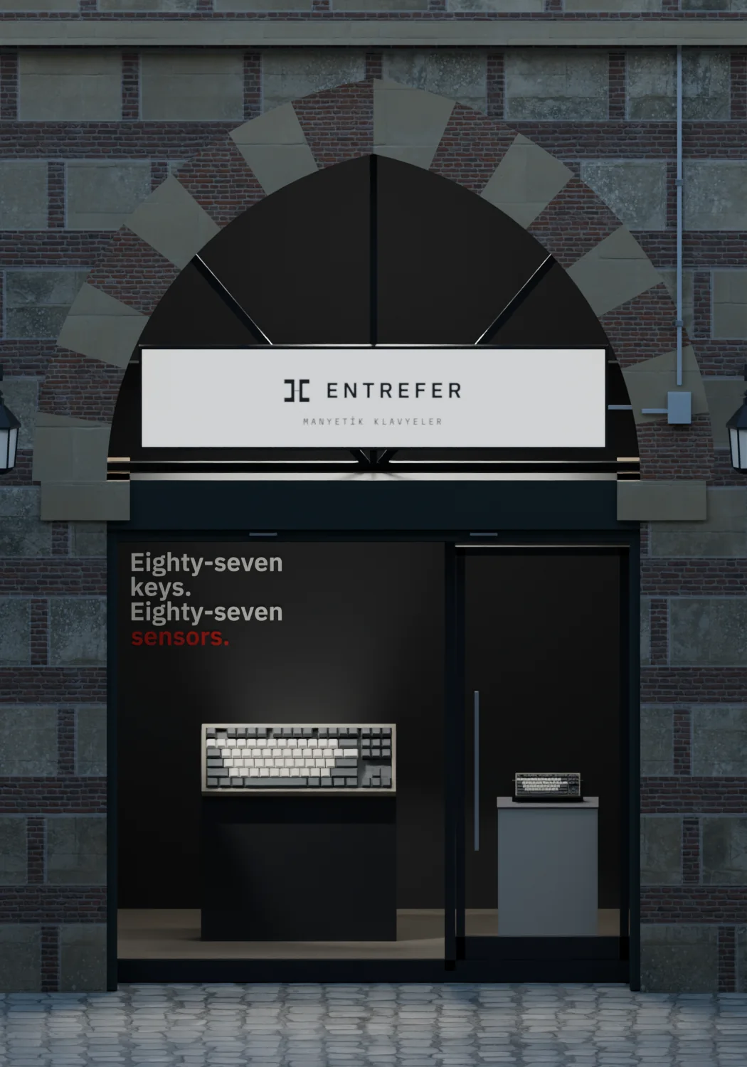 Inner han · ENTREFER: an ÉTALON 87 at three times size and one at true size, under “Eighty-seven keys. Eighty-seven sensors.”
