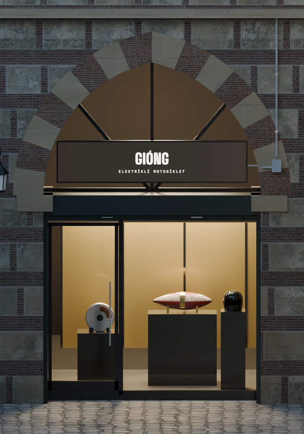 Inner han · GIÓNG: its axial-flux motor opened to the copper, a body panel lacquered with eggshell inlay, and a lacquered helmet before a gold-leaf screen