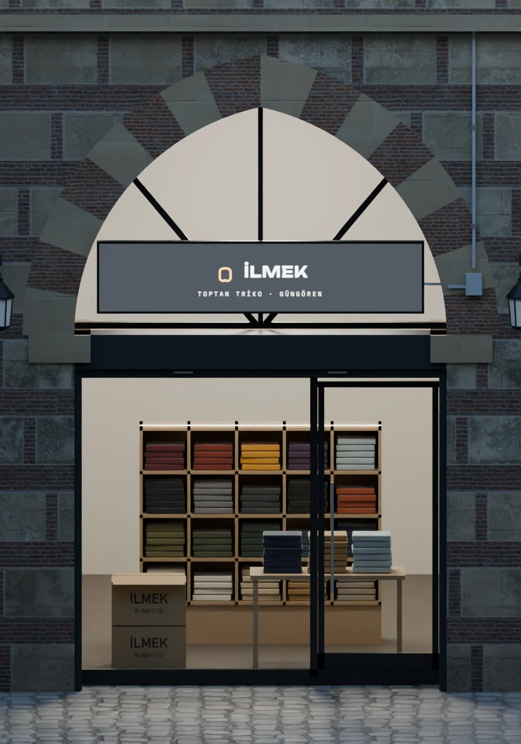 Inner han · İLMEK: the whole colour card as cubbies of folded knits, and shipping cases at the front